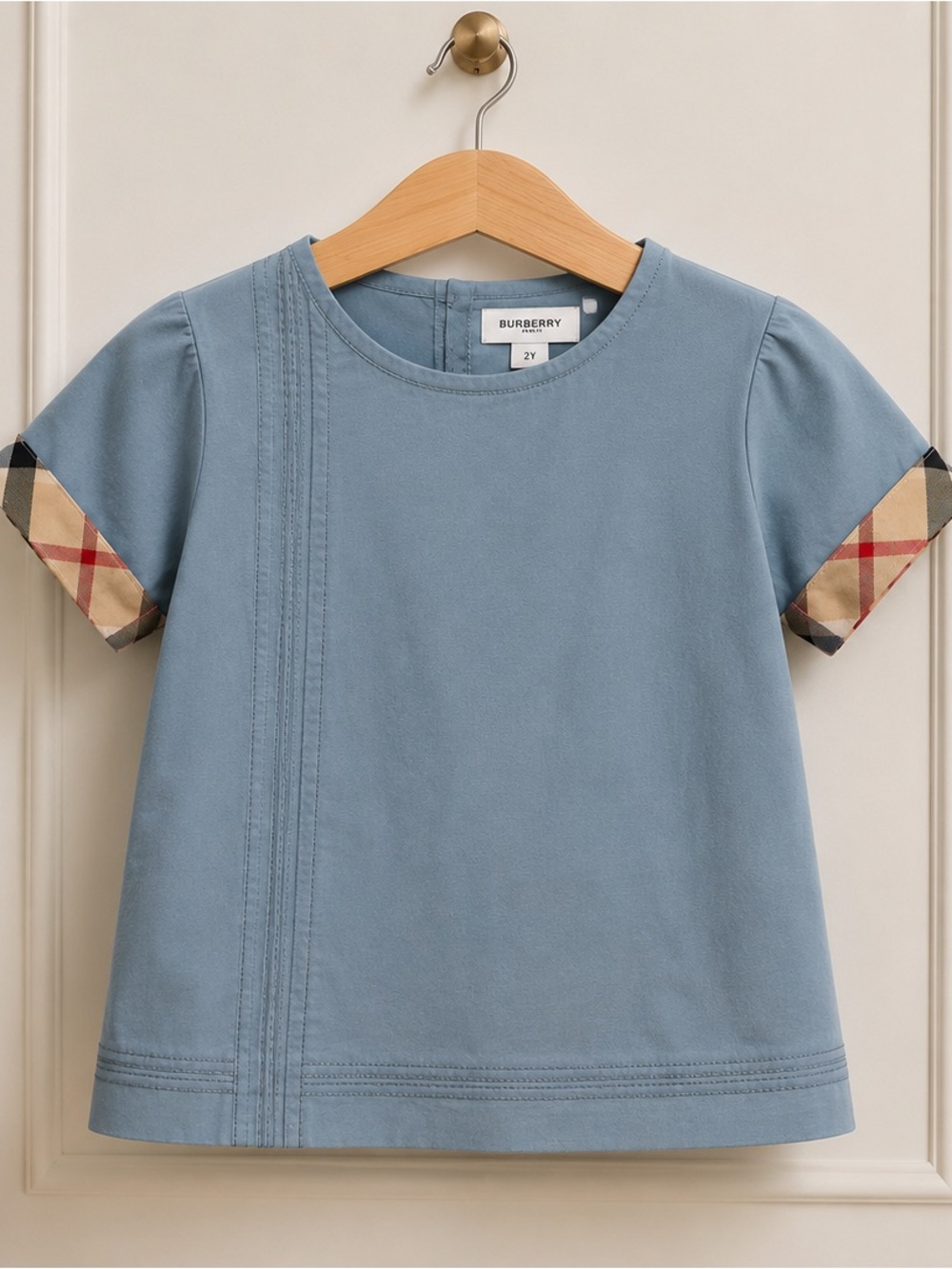 Burberry Girls Light Blue Nova Check Trim Cotton Dress Size 2Y Toddler